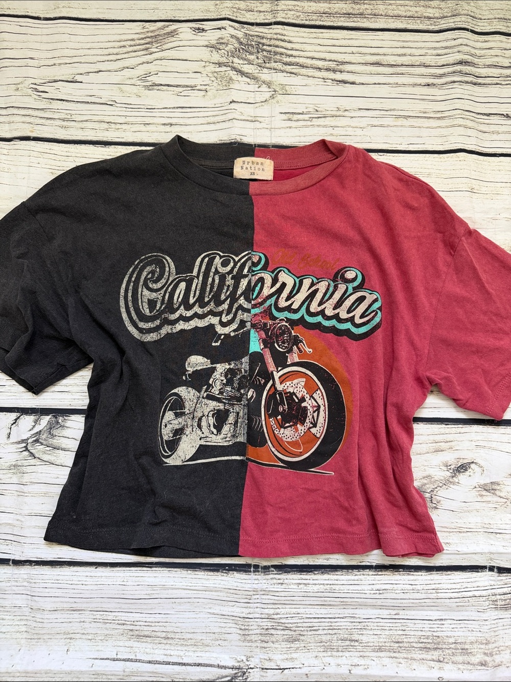 ♡ Urban Nation California Split-Color Crop Distressed Motorcycle Tee - XS